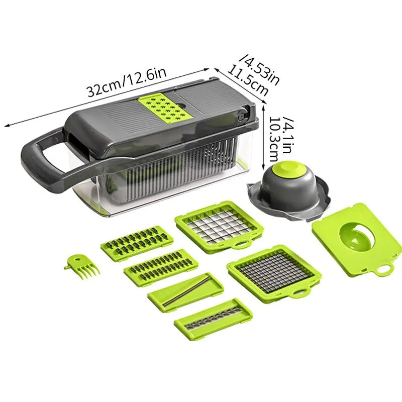 Transform Your Cooking with the 12-in-1 Green and Black Multifunctional Vegetable Slicer and Chopper - Perfect for Effortless Meal Prep!