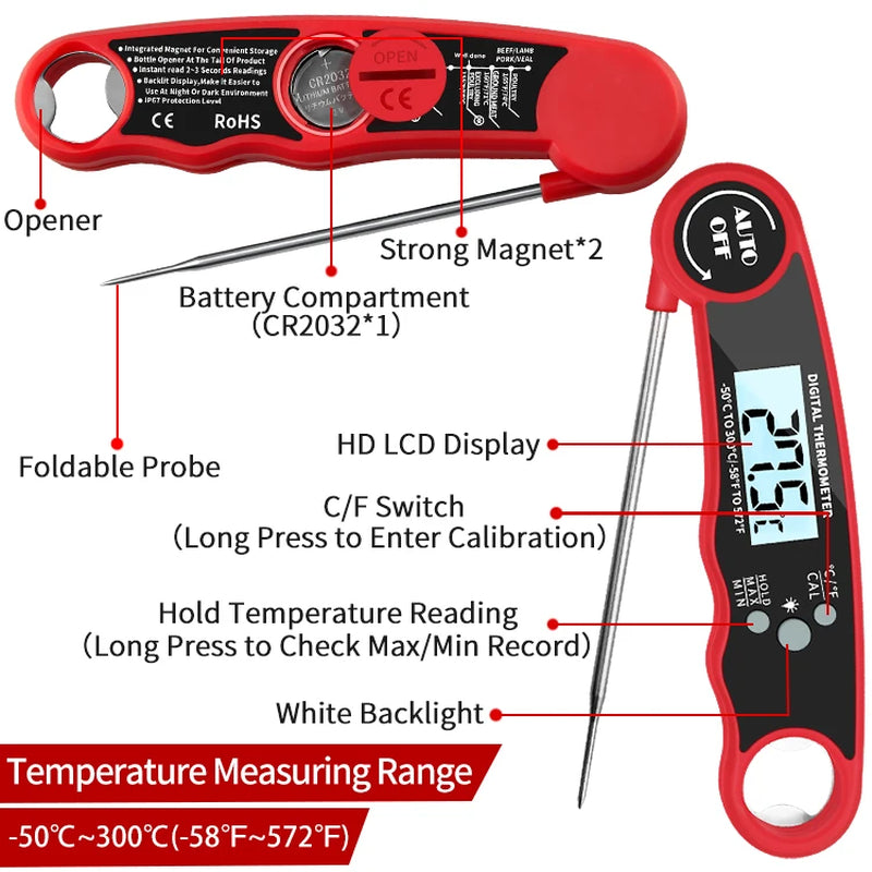 Waterproof Instant Read Digital Kitchen Thermometer - Perfect for Meat, BBQ, and Cooking!