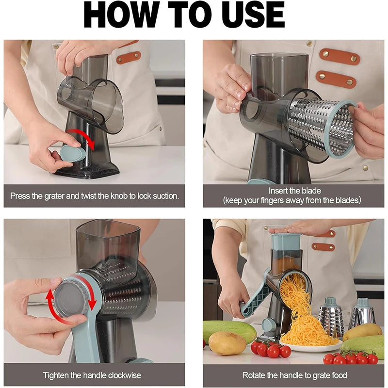 Transform Your Cooking Experience with the 3 in 1 Rotary Cheese Grater - Versatile Manual Vegetable Slicer and Grinder for Nuts, Cheese, and More!