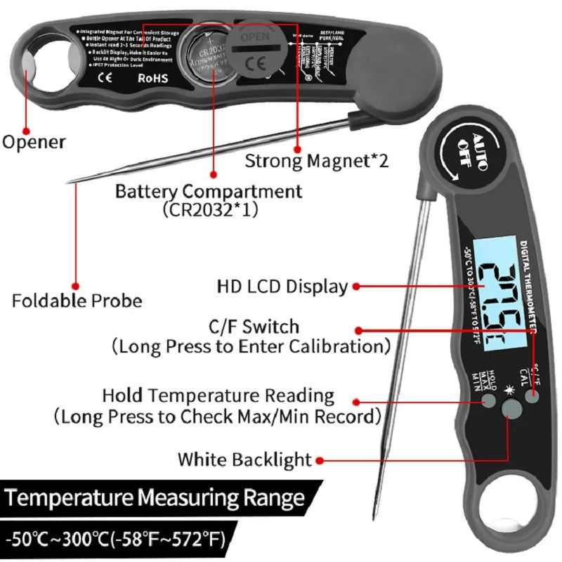 Waterproof Instant Read Digital Kitchen Thermometer - Perfect for Meat, BBQ, and Cooking!